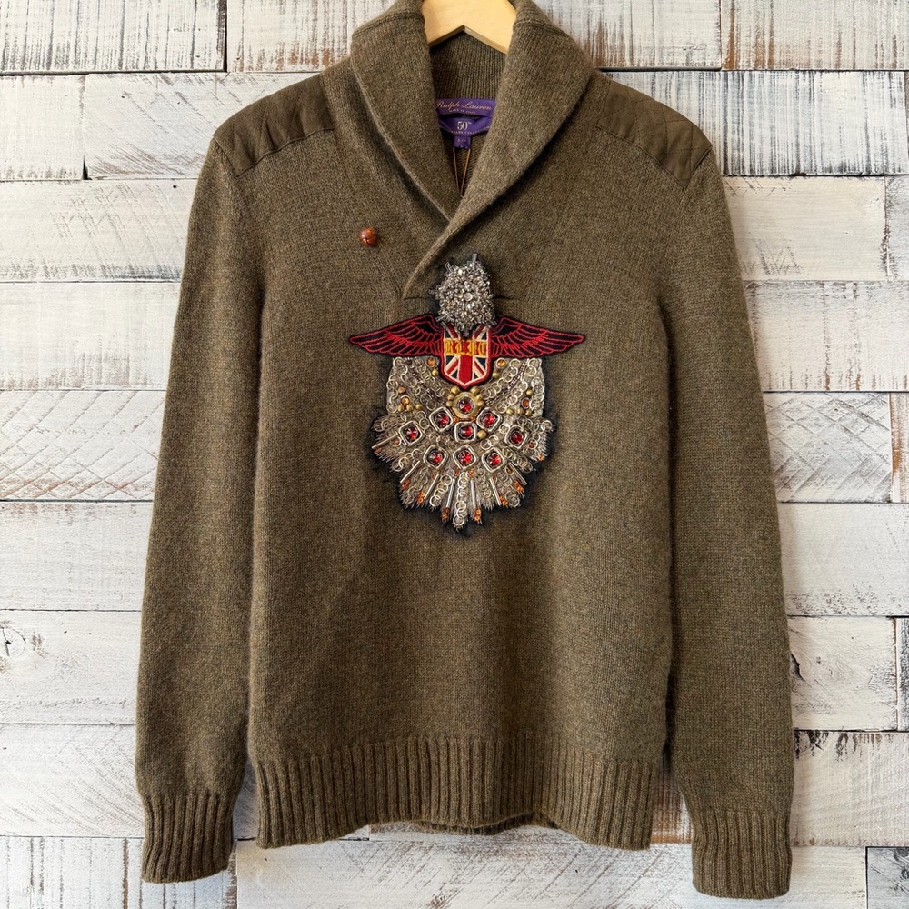 Ralph Lauren Olive Turtleneck Sweater with Embroidery